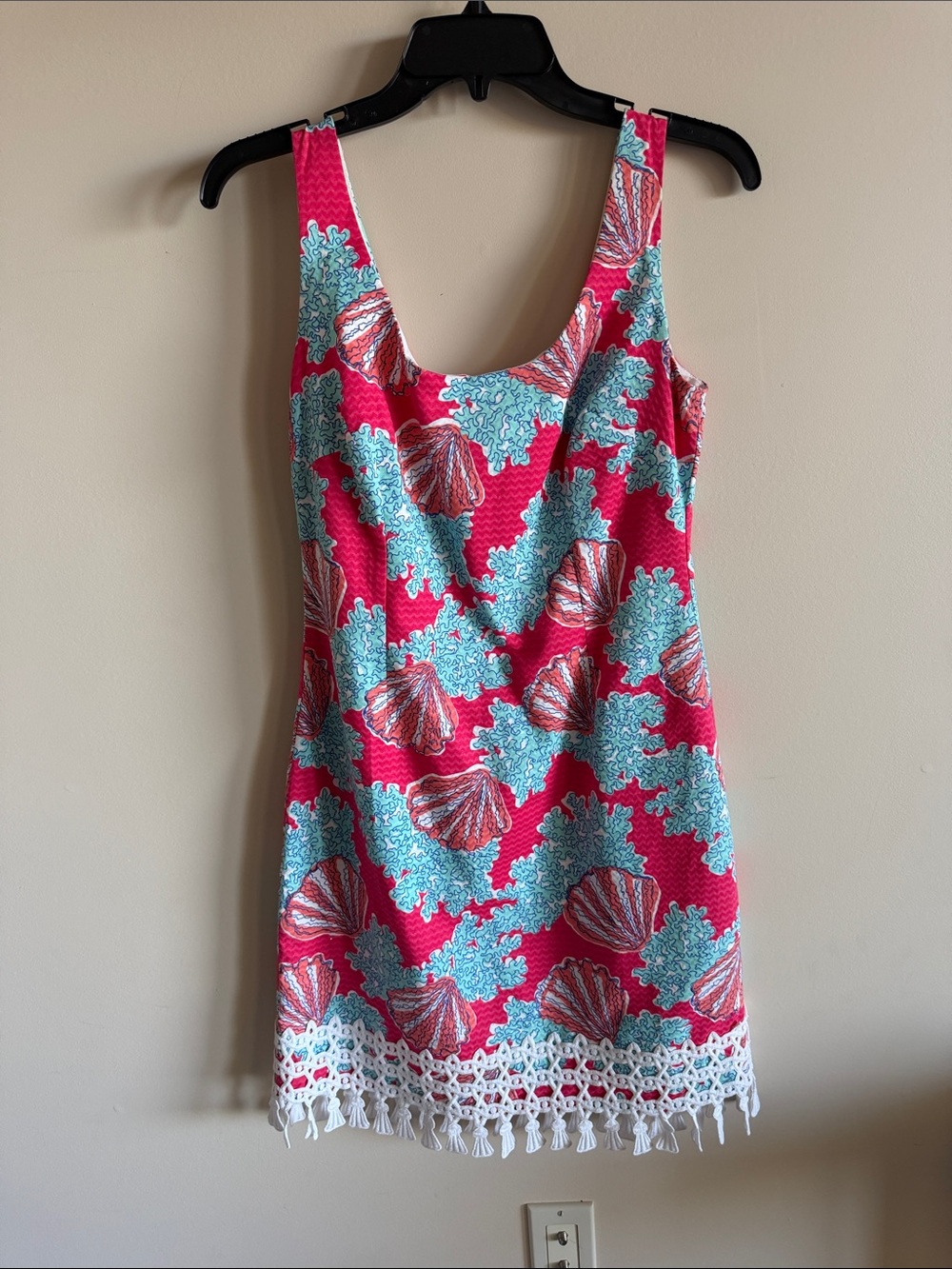 Lilly Pulitzer Pink & Aqua Shell-Print Midi Dress with White Crochet Hem